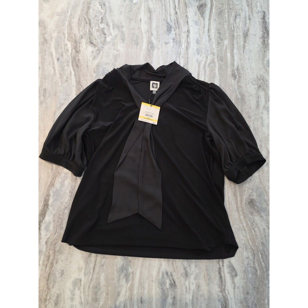 Anne Klein Black Tie Neck Blouse Size M Short Sleeve NWT $69